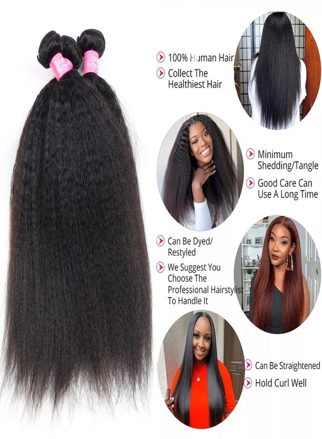 FQ Kinky Straight Hair Bundles 12 14 16 Brazilian Kinky Straight Human Hair Bundles Unprocessed Virgin Hair 3 Bundles 100g/BundlesDouble Weft Yaki Straight Human Hair Weave Extensions Natural Color - Image 3