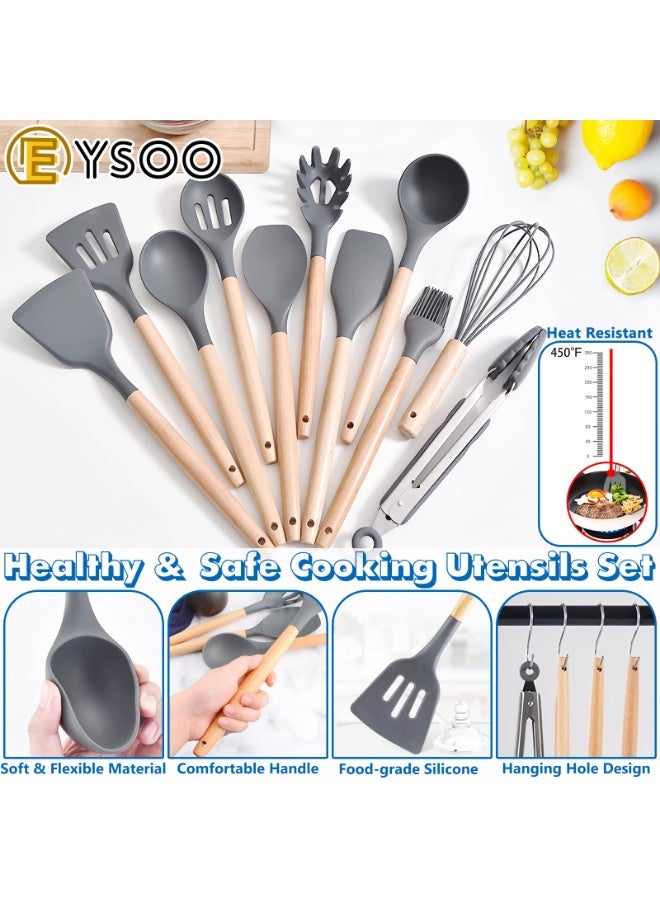  إيسو EYSOO مجموعة أدوات طهي غير لاصقة 29 قطعة، مجموعة ملاعق وسكاكين للمطبخ، أدوات طبخ سيليكون مع سكاكين ستانلس ستيل، أدوات طبخ سيليكونية مع حامل (رمادي) - Image 5