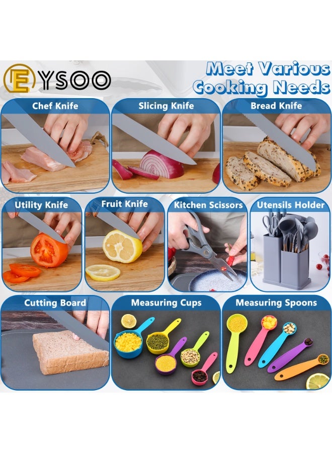  إيسو EYSOO مجموعة أدوات طهي غير لاصقة 29 قطعة، مجموعة ملاعق وسكاكين للمطبخ، أدوات طبخ سيليكون مع سكاكين ستانلس ستيل، أدوات طبخ سيليكونية مع حامل (رمادي) - Image 4