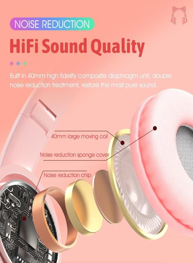 P47 Wireless Gaming Headset, Bluetooth 5.0 Cat Ear Headphones, Kids Headphones,LED Light Up Bluetooth Over Ear Headphones for Kids and Adults Wearing (Pink) - Image 5