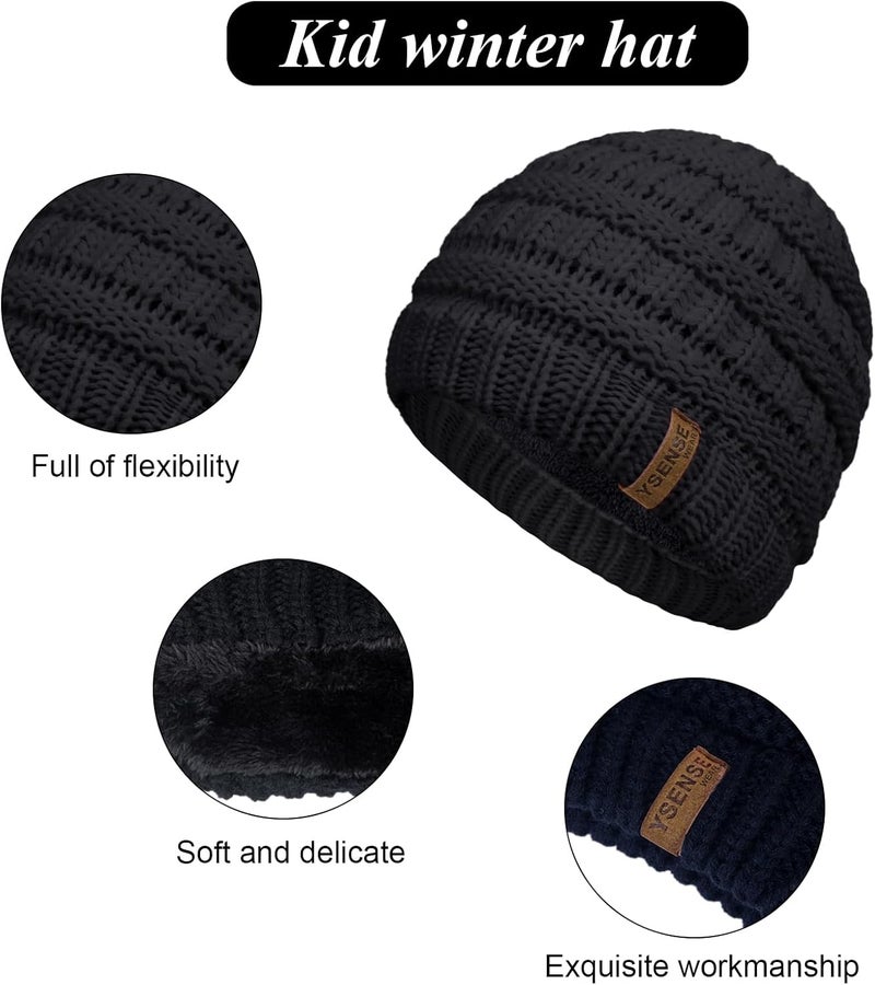YSense 3 Pcs Kids Winter Beanie Hat Scarf Gloves Set Thick Knit Warm Fleece Fuzzy Lined Beanie Caps Mittens for Boys Girls - Image 3