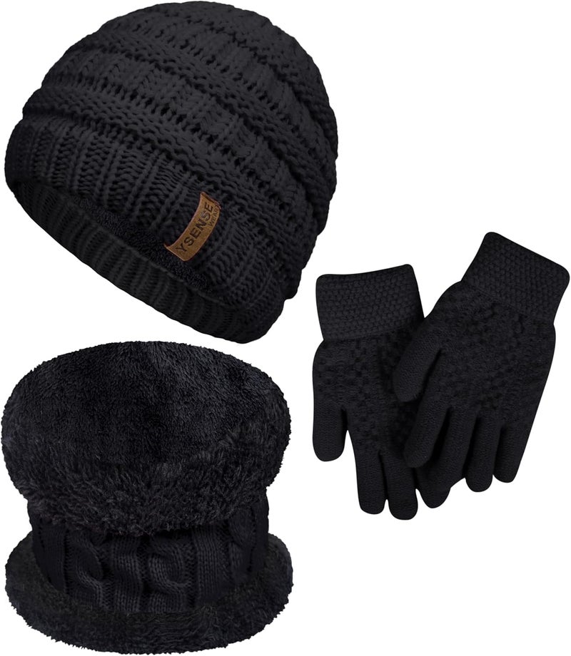 YSense 3 Pcs Kids Winter Beanie Hat Scarf Gloves Set Thick Knit Warm Fleece Fuzzy Lined Beanie Caps Mittens for Boys Girls - Image 1