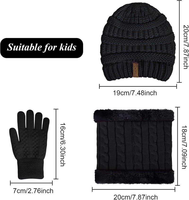 YSense 3 Pcs Kids Winter Beanie Hat Scarf Gloves Set Thick Knit Warm Fleece Fuzzy Lined Beanie Caps Mittens for Boys Girls - Image 2