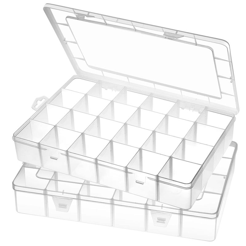 Gbivbe Large 24 Grids Plastic Organizer Box Adjustable Dividers,Clear Storage Box for Jewelry, Art DIY Crafts, Washi Tapes, Beads and Small Parts(2 Pack) - Image 1