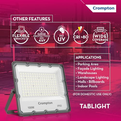 Crompton TabLight Outdoor Waterproof LED Flood Light 100W Cool Day Light | Pack of 1 | IP65 Rated, Wide-Beam, BIS Approved | Ideal for Garage, Garden, Parking & Commercial Use - Image 3