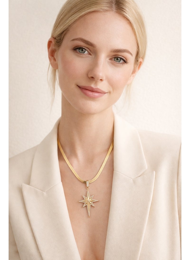 Julia Store 18K Gold Plated Stainless Steel Dainty Trendy Deluxe New Start Cubic Zirconia Snake Herringbone Chain Love Friendship Protector North Star Pendant Minimalist Gold Celestial Necklace Jewelry Gift - Image 3