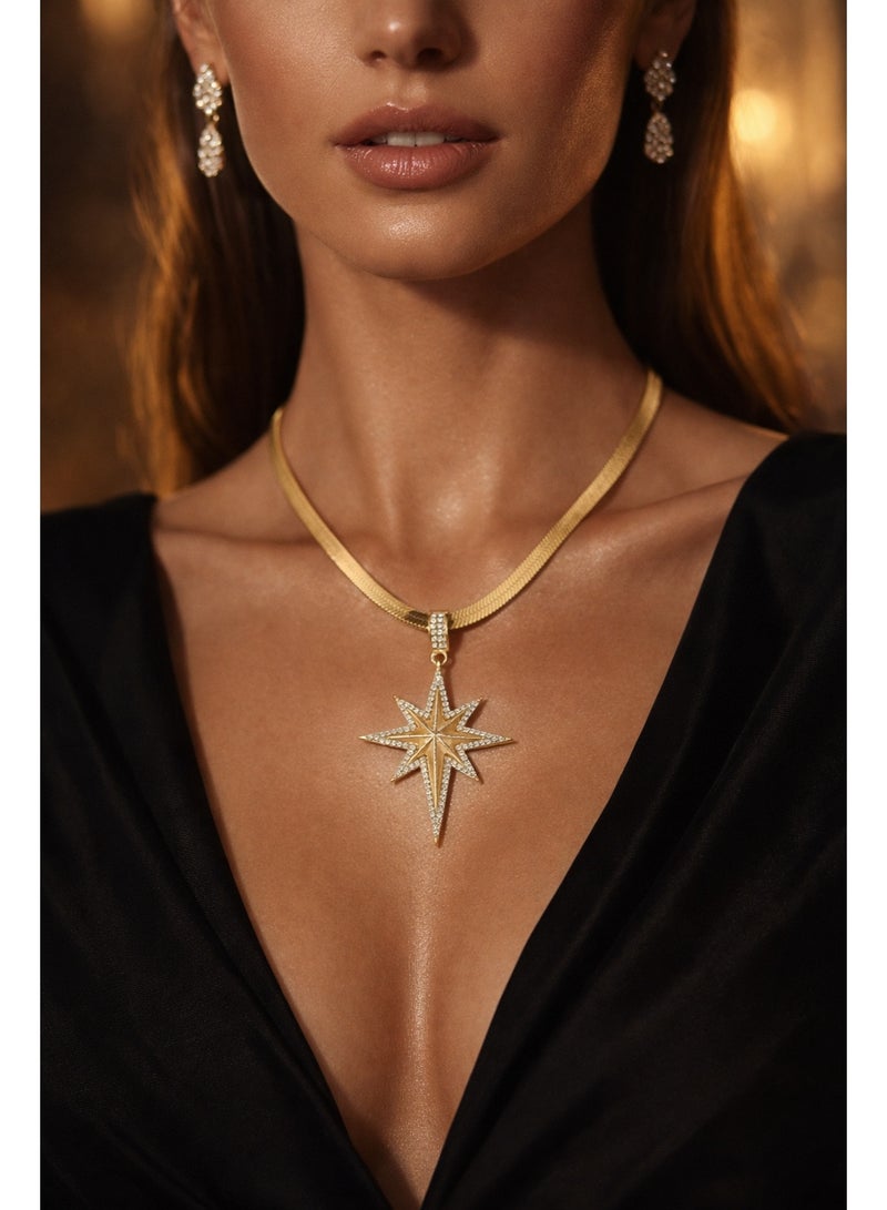 Julia Store 18K Gold Plated Stainless Steel Dainty Trendy Deluxe New Start Cubic Zirconia Snake Herringbone Chain Love Friendship Protector North Star Pendant Minimalist Gold Celestial Necklace Jewelry Gift - Image 5