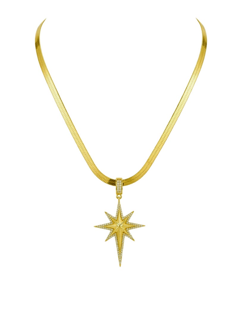 Julia Store 18K Gold Plated Stainless Steel Dainty Trendy Deluxe New Start Cubic Zirconia Snake Herringbone Chain Love Friendship Protector North Star Pendant Minimalist Gold Celestial Necklace Jewelry Gift - Image 1