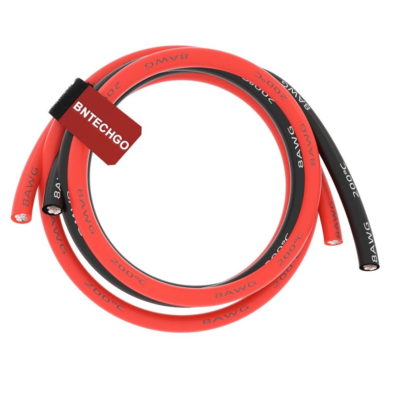 سلك سيليكون BNTECHGO 8 قياس 5 قدم أحمر و 5 قدم أسود مرن 8 AWG نحاسي معزول بالتين