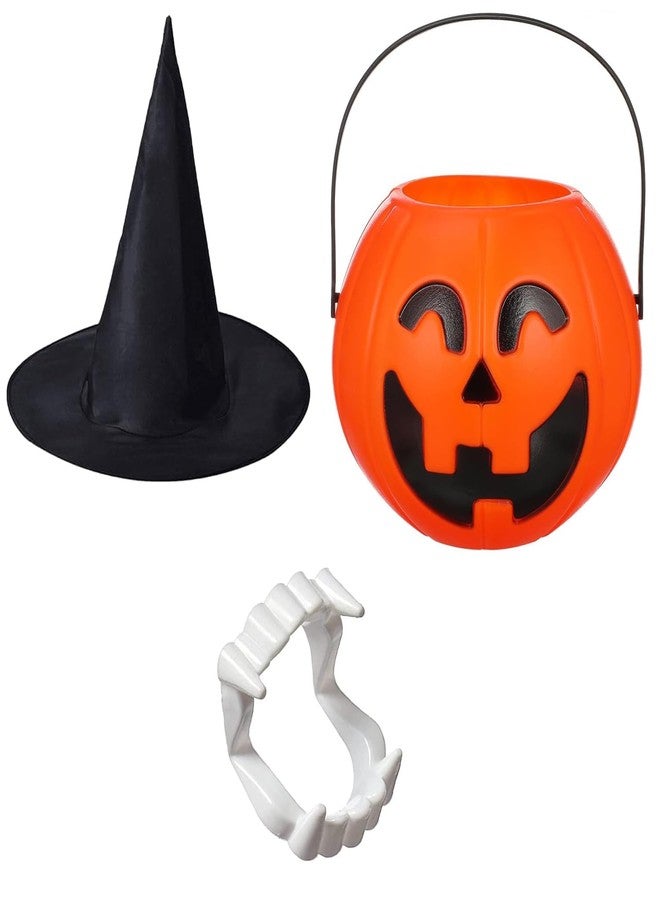 PartyToko Halloween Pumpkin Bucket with Witch Hat for Trick or teeth Reusable Candy Tote Basket for Halloween Indoor Kitchen Decorations 3pcs set - Image 1