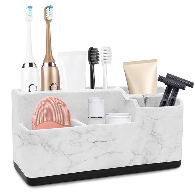 TOOTHBRUSH HOLDER FOR BATHROOM5 COMPARTMENTS POLYRESIN STORAGE ORGANIZERMULTIFUNCTIONAL ELECTRIC TOOTHBRUSH AND TOOTHPASTE HOLDERMAKEUP BRUSHES RAZORS HOLDER FOR BATHROOM COUNTERTOP