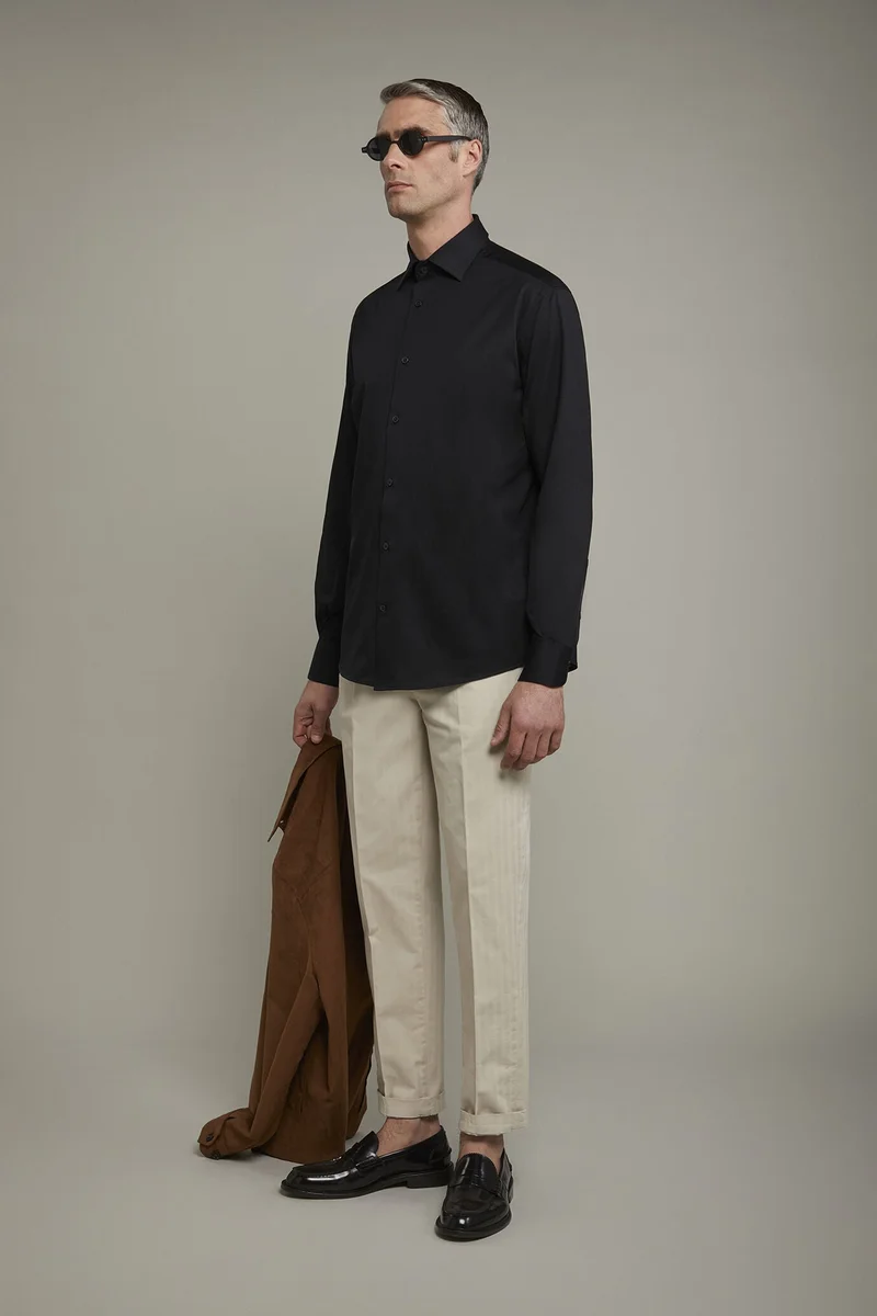 دوبل غانغر Men's long-sleeved polo shirt with classic collar 100% piquet cotton regular fit - Black