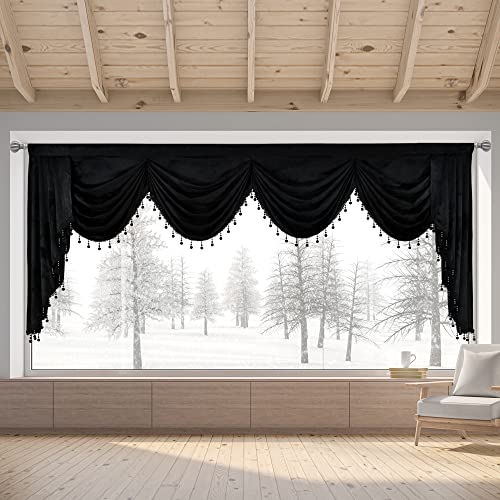 OYRING Black Rod Pocket Velvet Window Curtains Valance for Living Room - Large Waterfall Valance for Bedroom (1 Panel, Black, W110) - Image 2