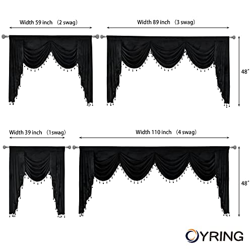OYRING Black Rod Pocket Velvet Window Curtains Valance for Living Room - Large Waterfall Valance for Bedroom (1 Panel, Black, W110) - Image 4