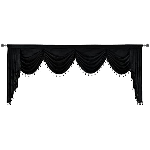 OYRING Black Rod Pocket Velvet Window Curtains Valance for Living Room - Large Waterfall Valance for Bedroom (1 Panel, Black, W110) - Image 3