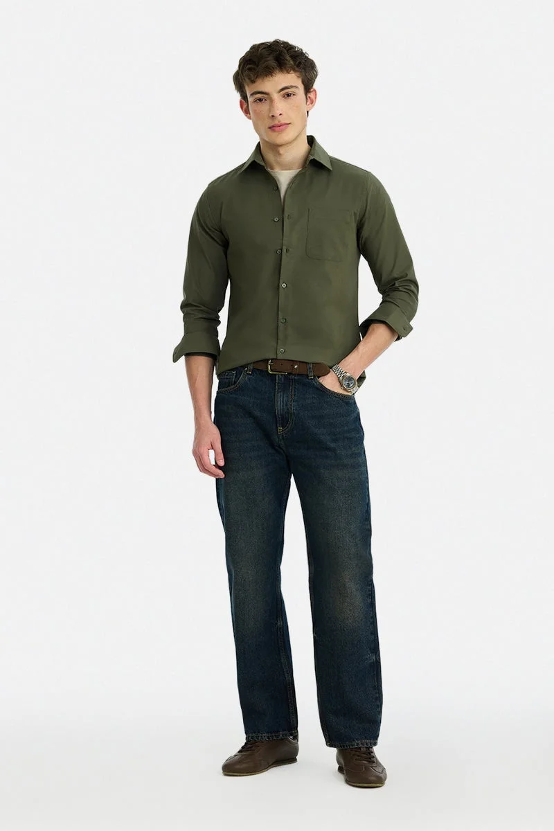 SNITCH Olive Solid Long Sleeve Slim Fit Shirt