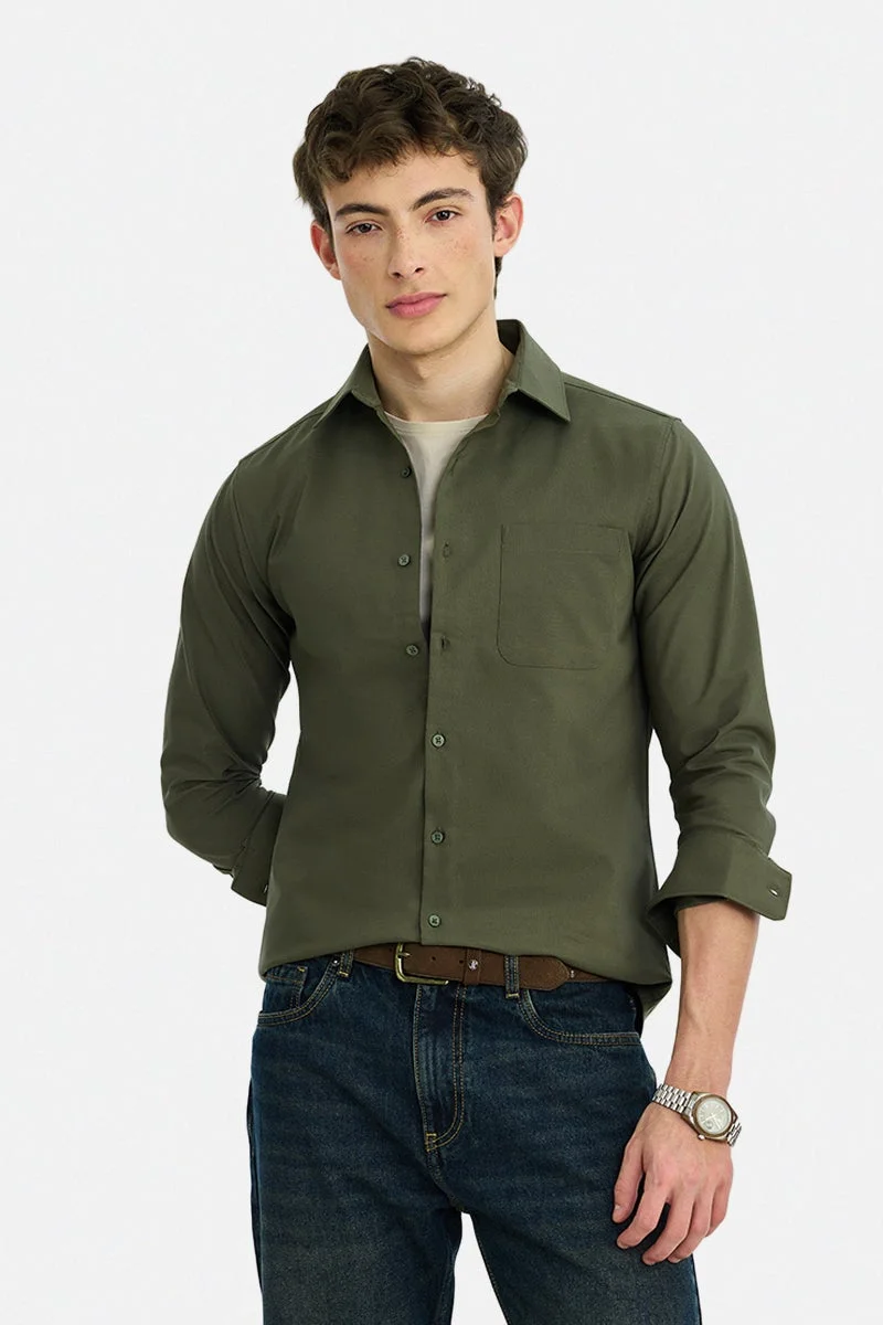 SNITCH Olive Solid Long Sleeve Slim Fit Shirt