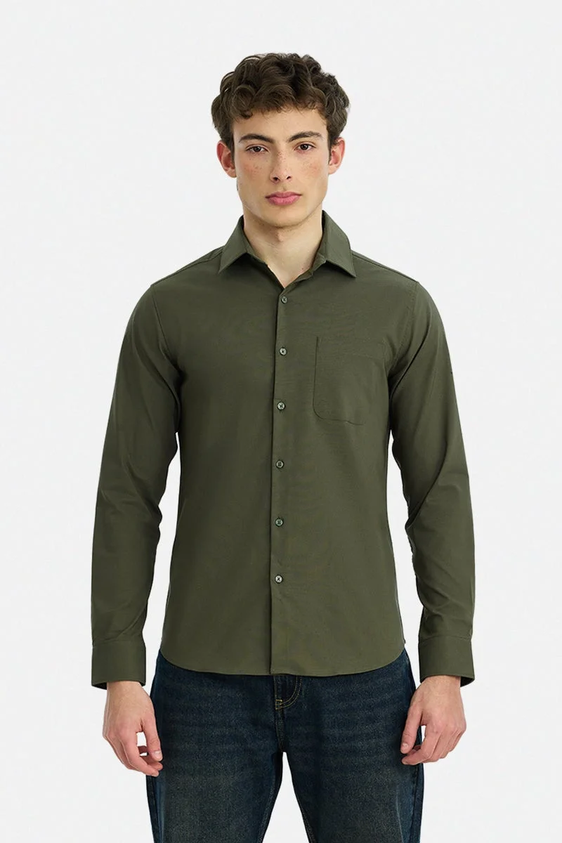 سنيتش Olive Solid Long Sleeve Slim Fit Shirt