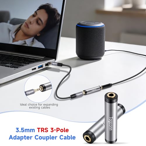 Togconn 1/8 Inch 3.5mm TRS Auxiliary Audio Coupler 2Pack,1/8" 3.5mm 3-Pole TRS Stereo Audio Jack Female to Female Gold-Plated Adapter AUX Extension Connector, Metal Shielded Housing, for Headphones, Speakers - Image 3