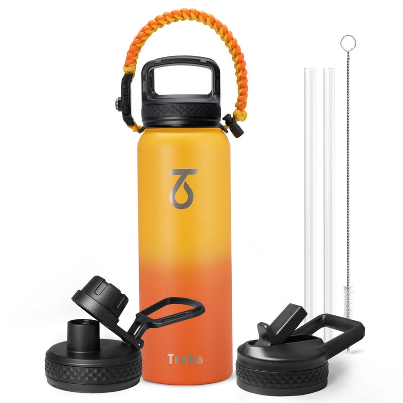 Trebo 40oz Water Bottle Insulated with Lid and Straw Double Wall Vacuum Stainless Steel Metal Tumbler Sports Flask with Paracord Handle  Keep Hot 24 Hours & Cold 48 Hours Water Jug with 3 Lids - Image 1