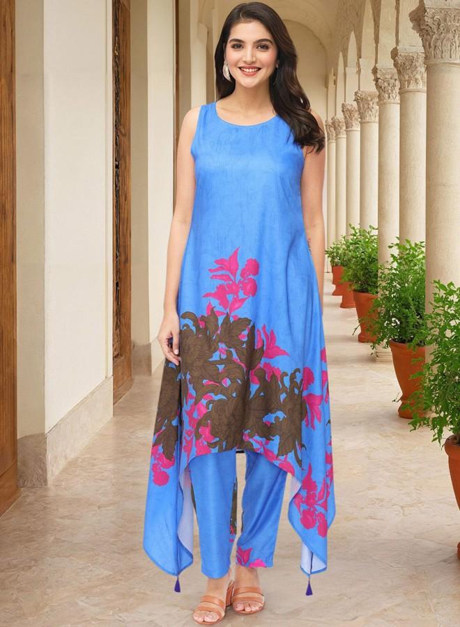 ISHIN Women'S Blue 100% Polyester Embroidered Tunic Full Length Palazzo Straight Fit Kurta Set - Image 1