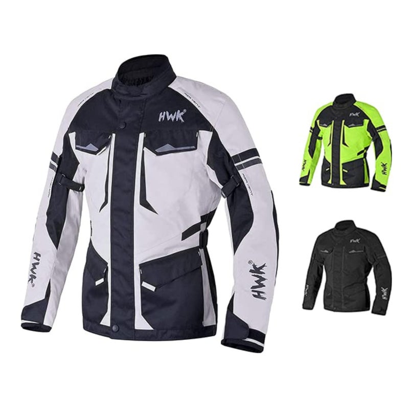 HWK Adventure Touring Motorcycle Jacket for Men, Water Resistant Cordura Textile Biker Jacket for Men, Durable and Stylish Moto Gear with CE Armor for Enduro Motorbike Riding - Grey, Small