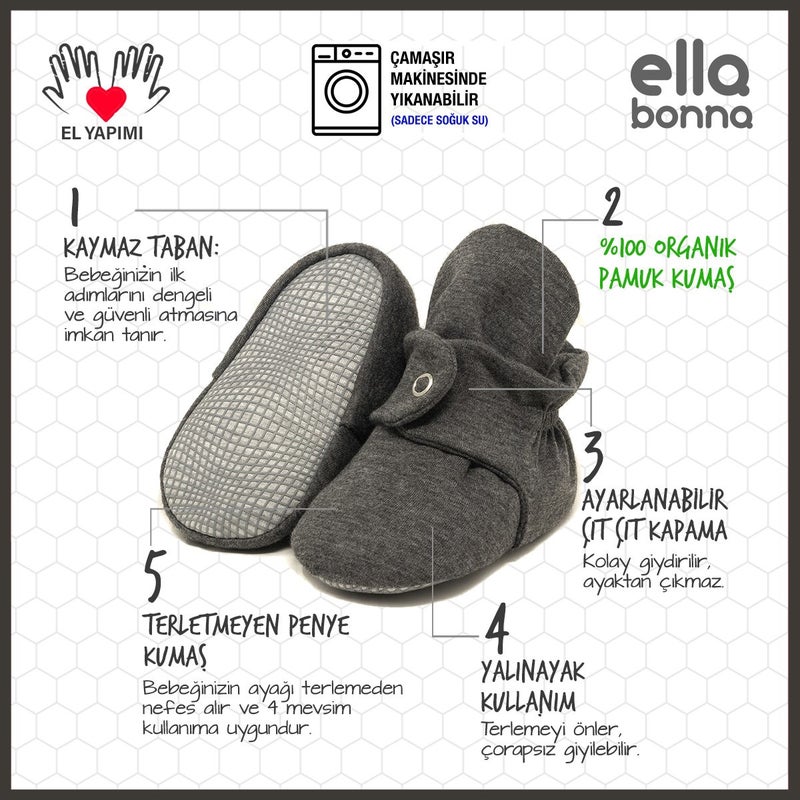 Ella Bonna Organic Cotton Baby Booties, Anti-Slip Sole, Cotton Newborn Slippers Home Nursery Shoes  - Image 3
