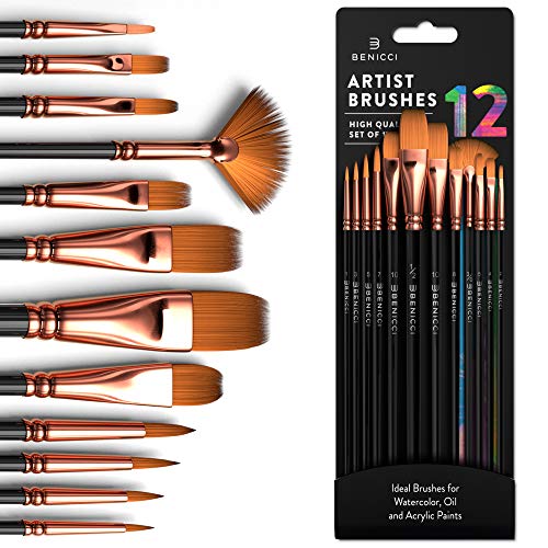 Benicci Professional Artist Paint Brush Set of 12 - Painting Brushes Kit for Kids, Adults Fabulous for Canvas, Watercolor & Fabric - for Beginners and Professionals - Great for Water, Oil or Acrylic Painting - Image 1