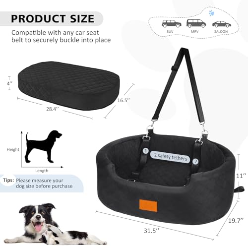 Feporen Dog Car Seat for Medium Dogs Up to 50 lbs, Pet Booster Seat for Cars SUVs and Trucks, Travel Dog Bed with Safety Strap, Thick Cushion, Non-Slip Base, Washable and Portable (Black) - Image 4