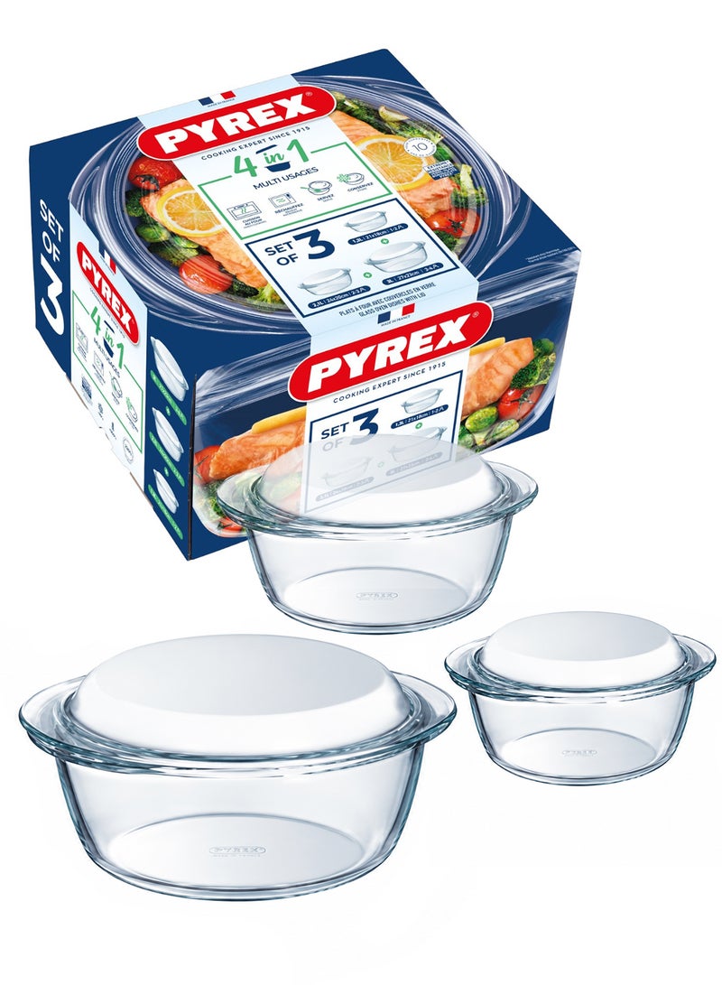 Pyrex Essential Round Casserole Set of 3 with Glass Lids (3L, 2.1L, 1.4L) , Borosilicate Glass Cookware, Oven, Microwave, Freezer & Dishwasher Safe clear