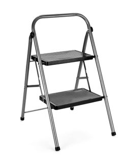 Delxo 2 Step Ladder Folding Step Stool 2 Steps Stepstool with Handrails Wide Pedal,Heavy Duty Sturdy Small Compact Ladder Portable Anti-Slip Safety Kitchen Stepladder Metal Step Stool for Adults Grey