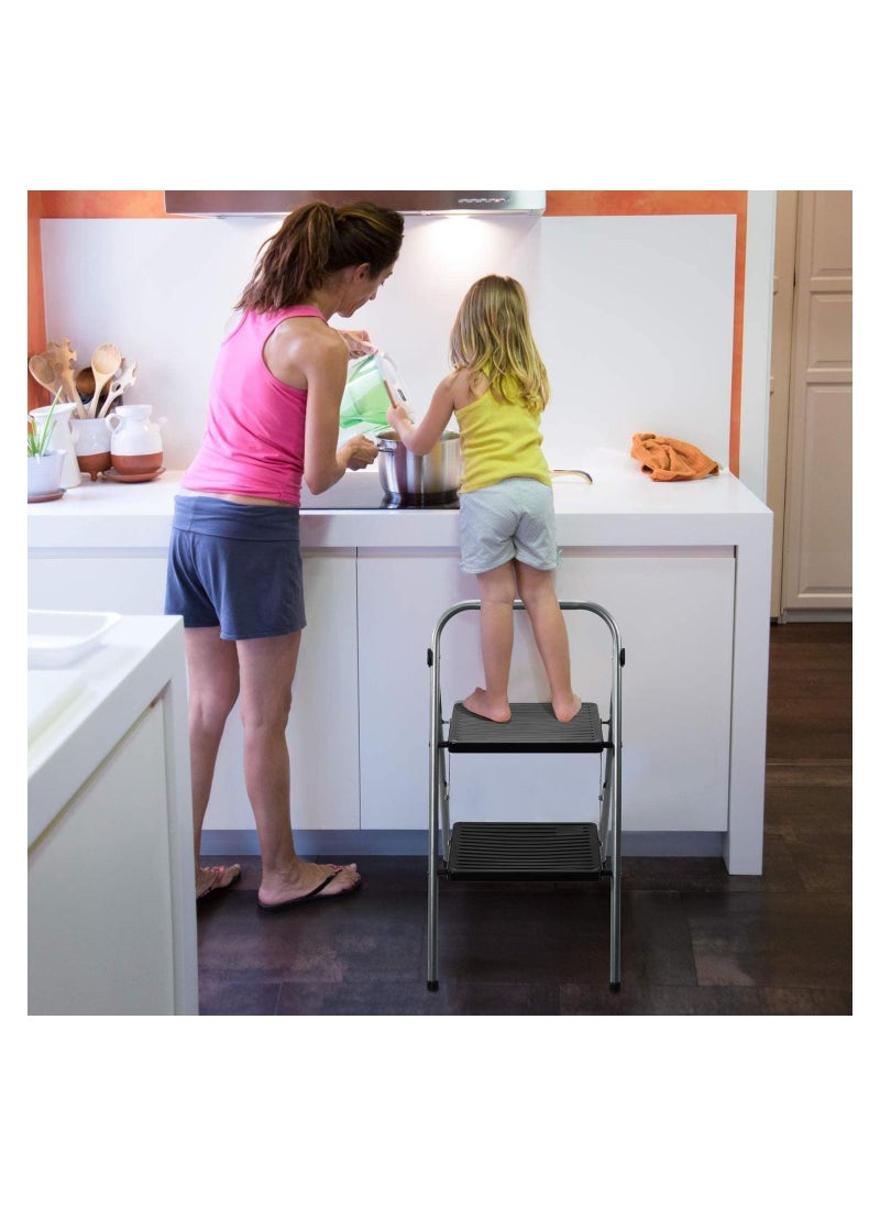 Delxo - Delxo 2 Step Ladder Folding Step Stool 2 Steps Stepstool with Handrails Wide Pedal,Heavy Duty Sturdy Small Compact Ladder Portable Anti-Slip Safety Kitchen Stepladder Metal Step Stool for Adults Grey - Image 1