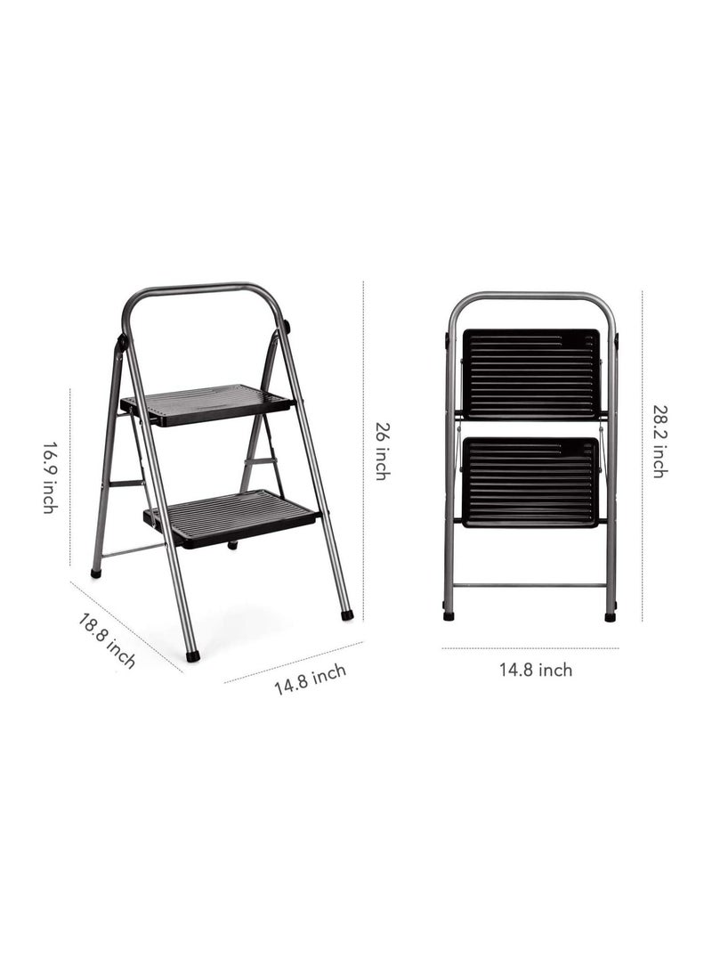 Delxo - Delxo 2 Step Ladder Folding Step Stool 2 Steps Stepstool with Handrails Wide Pedal,Heavy Duty Sturdy Small Compact Ladder Portable Anti-Slip Safety Kitchen Stepladder Metal Step Stool for Adults Grey - Image 1