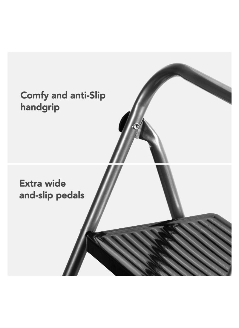 Delxo - Delxo 2 Step Ladder Folding Step Stool 2 Steps Stepstool with Handrails Wide Pedal,Heavy Duty Sturdy Small Compact Ladder Portable Anti-Slip Safety Kitchen Stepladder Metal Step Stool for Adults Grey - Image 1
