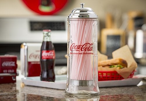 Tablecraft Coca-Cola Glass Straw Dispenser with Metal Lid, Small - Image 3