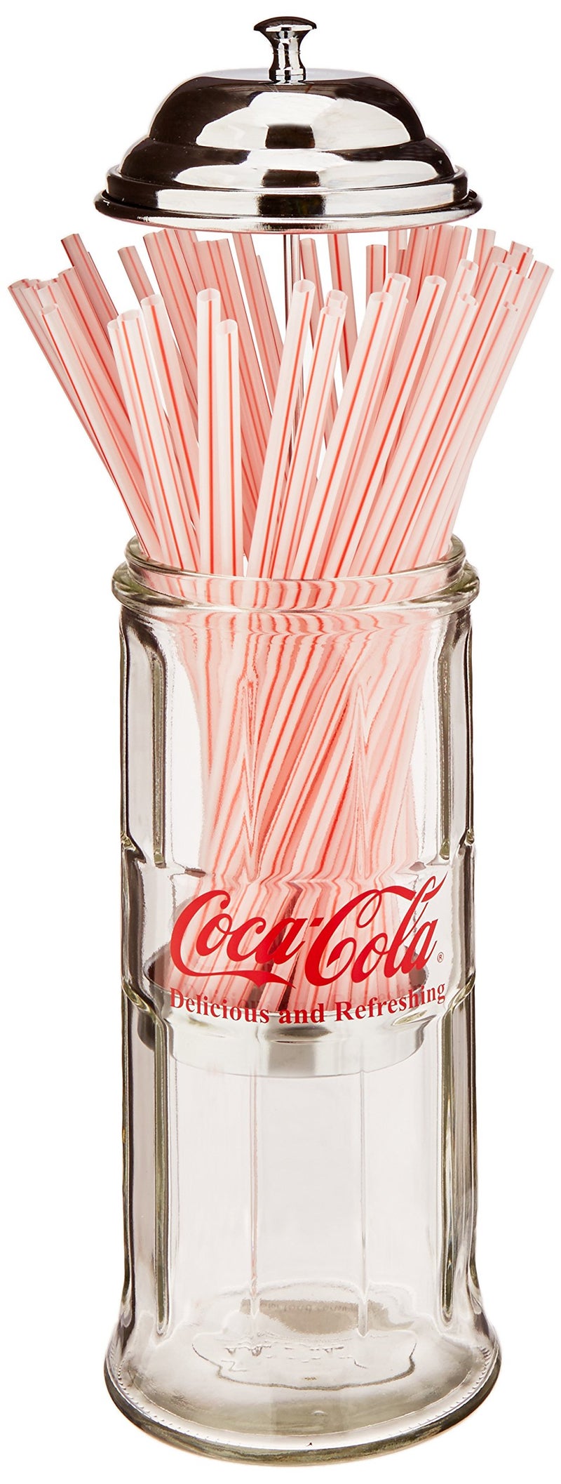 Tablecraft Coca-Cola Glass Straw Dispenser with Metal Lid, Small - Image 2