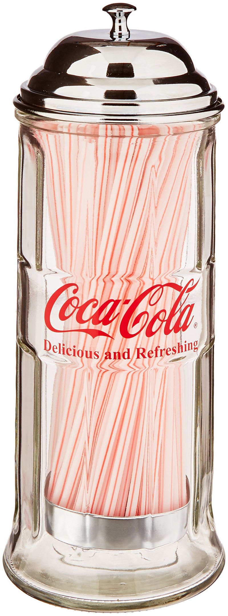 Tablecraft Coca-Cola Glass Straw Dispenser with Metal Lid, Small - Image 1