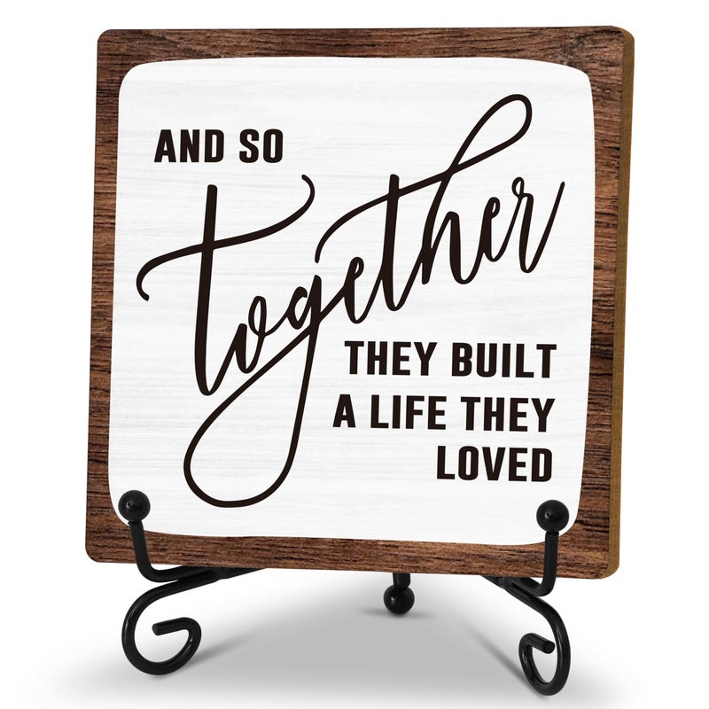 Zmyollo Home Desk Decor Sign, Rustic Wooden Sign With Stand, And So Together They Built A Life They Loved Sign For Farmhouse Home Living Room Bedroom Shelf Table, Coffee Lover Gifts For Family Friend - Image 1
