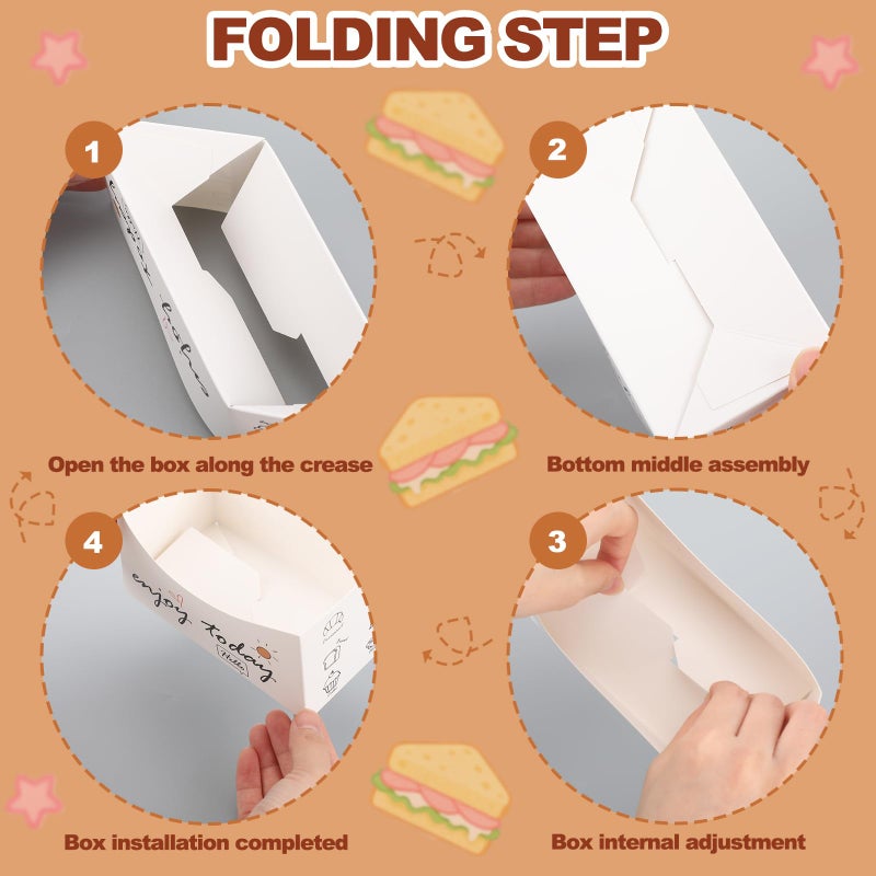 Jingmore 100 Pieces Foldable Paper Sandwich Boxes Take out Containers 5" x 2.8" x 2.8" Mini Curved Anti-flattening Burger Boxes Toast Holder Bread Tray for Food Containers Hamburger Restaurant Party - Image 3