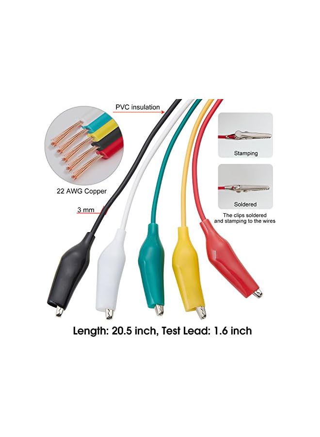 The Bros مجموعة أسلاك اختبار ومشابك تمساح 10 قطع و5 ألوان، أحمر، أصفر، أخضر، أبيض، أسود، 20.5 بوصة (عبوة واحدة)، WG-026 - Image 5
