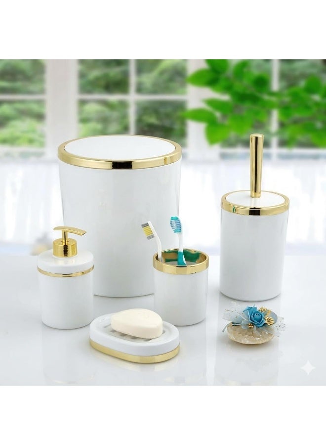 Bathroom Accessories Set, White and Gold, 6 Pieces, Elegant Design, Includes Soap Dispenser, Toothbrush Holder, Trash Can