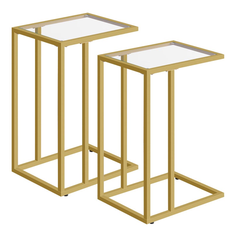 HOOBRO C Shaped End Table Set of 2 Tempered Glass Snack Side Table with Metal Frame TV Tray Table for Small Space Sofa Couch and Bed Modern Style Gold GD03SFP201