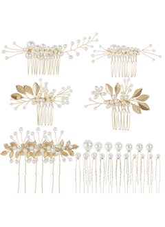 Cinaci Cinaci 25 Pack Sparkly Glitter Gold Rhinestone Pearl Leaf Flower Metal Wedding Bride Bridal Metal Hair Side CombsUshaped Hair Pins Clips Barrettes Slide Combs Headpieces Wedding Accessories for Women Girls 