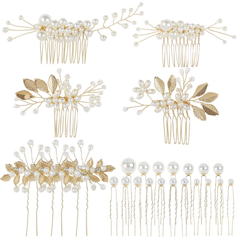 Cinaci 25 Pack Sparkly Glitter Gold Rhinestone Pearl Leaf Flower Metal Wedding Bride Bridal Metal Hair Side CombsUshaped Hair Pins Clips Barrettes Slide Combs Headpieces Wedding Accessories for Women Girls