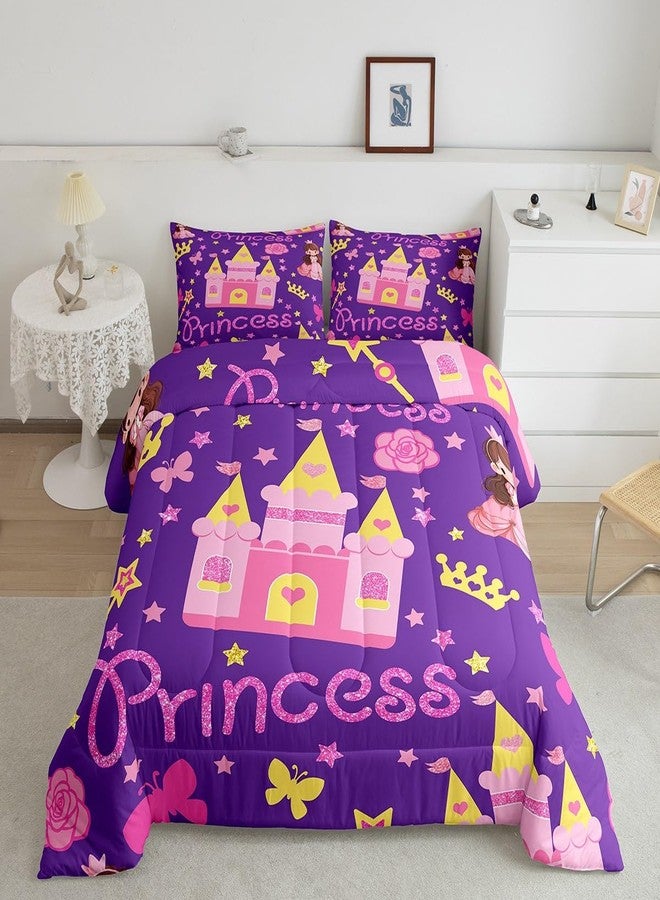 Castle Fairy Dreamy Princess Castle Twin Size Comforter Set,Girls Castle Stars Girls Crown Duvet Set Soft Bed Collection,Butterfly Floral Bedding Comforter for Boys Girls Bedroom,2 Pcs - Image 1