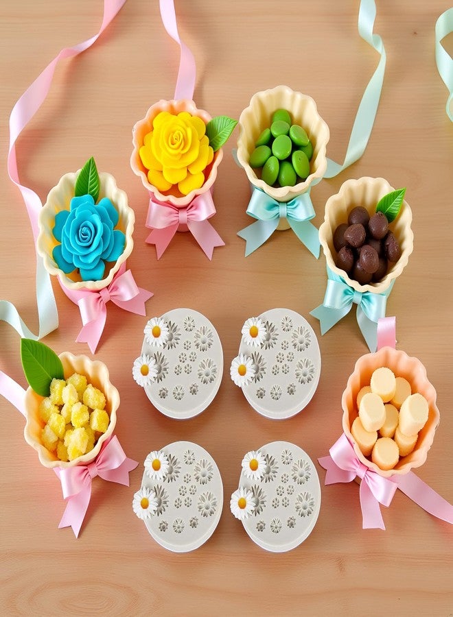 Bwexxt 4 Pcs Cute Flower Silicone Molds Daisy Shape Fondant Candy Mould Flower Chocolate for DIY Cake Cupcake Topper Fudge Candy Making Supplies for Cake Decoration Candy Ice Cube Soap Wax Making Craft - Image 3