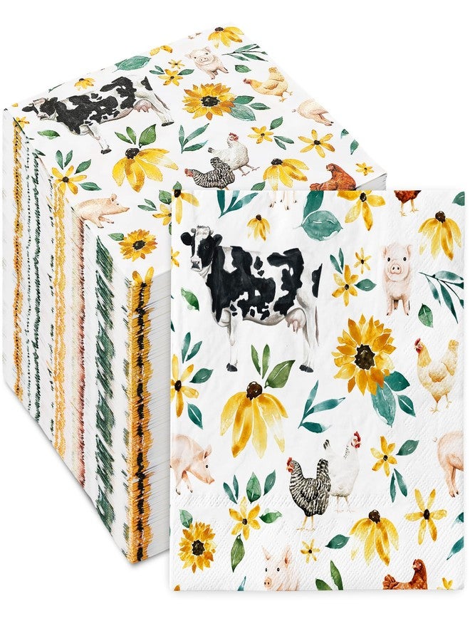 100 Pcs Floral Farm Animals Paper Napkins Watercolor Cow Chicken Hen Pig Decorative Disposable Napkins Luncheon Dinner Napkin for Farmhouse Birthday Dining Party Tableware Supplies - Image 1