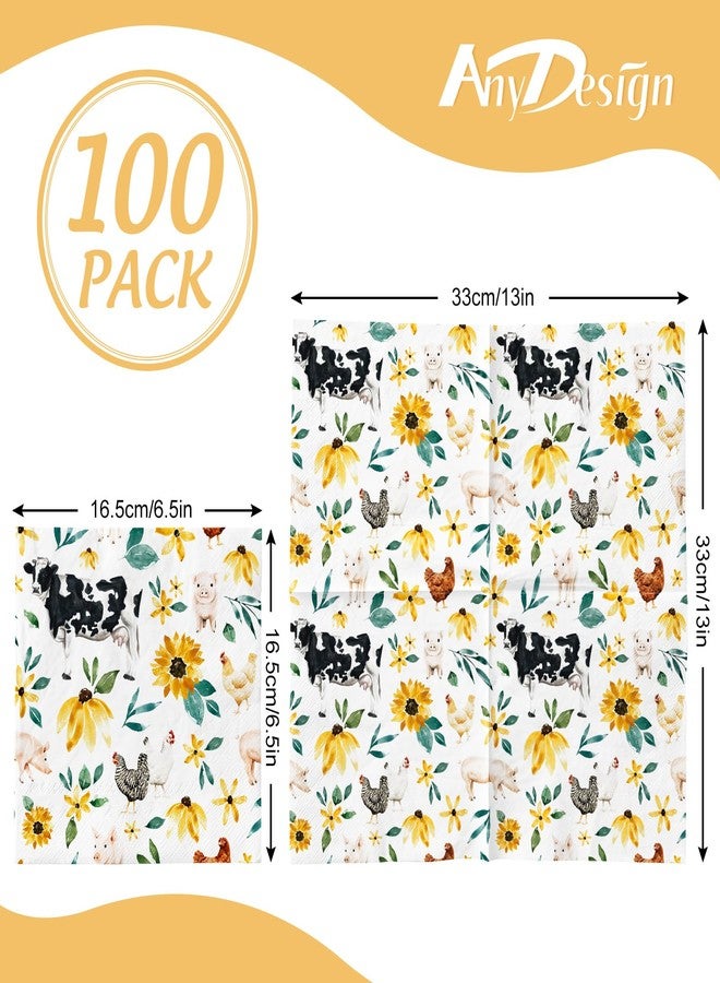 100 Pcs Floral Farm Animals Paper Napkins Watercolor Cow Chicken Hen Pig Decorative Disposable Napkins Luncheon Dinner Napkin for Farmhouse Birthday Dining Party Tableware Supplies - Image 2