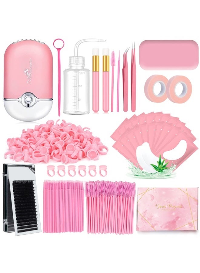 DNSGOOR Eyelash Extension Supplies Lash Extension Kit for Beginner USB Lash Fan 0.07D Curl Mix 7-15mm Lash Silicone Pad Tweezers Under Eye Gel Pad Micro Brush Wash Bottle Mascara Brush Glue Ring (Pink) - Image 1