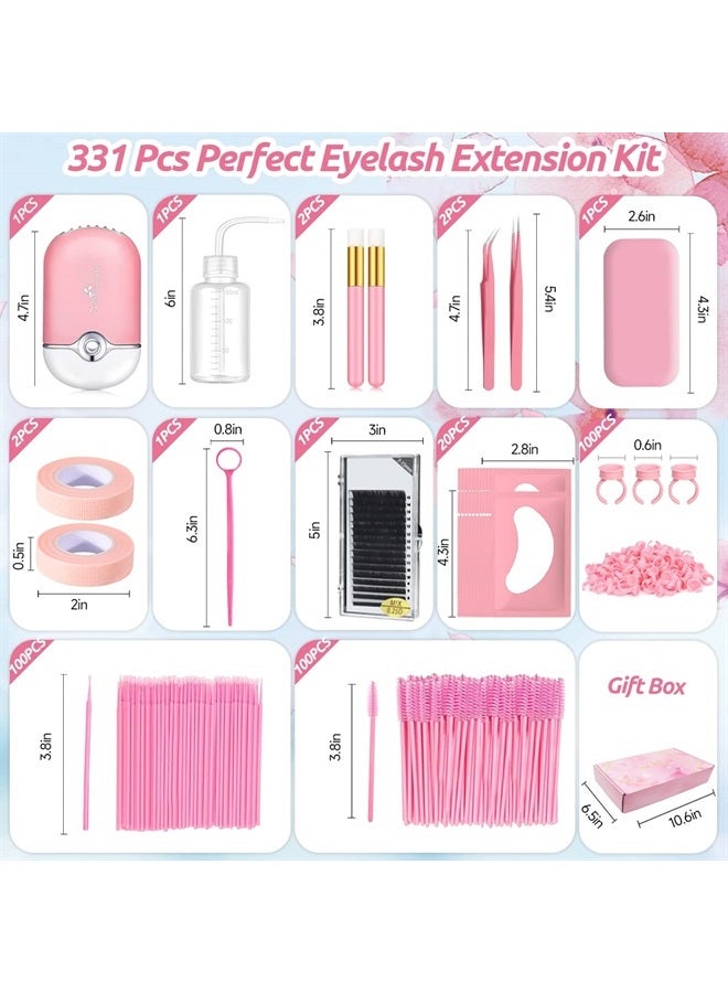 DNSGOOR Eyelash Extension Supplies Lash Extension Kit for Beginner USB Lash Fan 0.07D Curl Mix 7-15mm Lash Silicone Pad Tweezers Under Eye Gel Pad Micro Brush Wash Bottle Mascara Brush Glue Ring (Pink) - Image 2